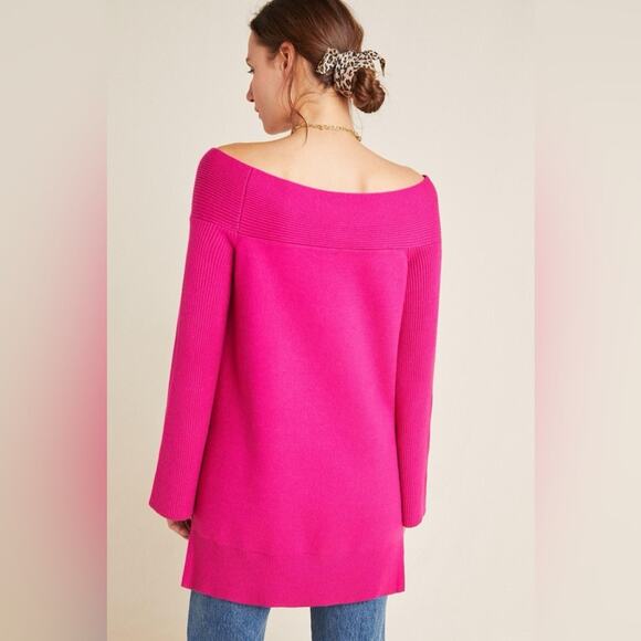 ANTHROPOLOGIE | Elise Off Shoulder Ribbed Sweater Hot Pink Fuchsia | Size XL - Picture 2 of 8